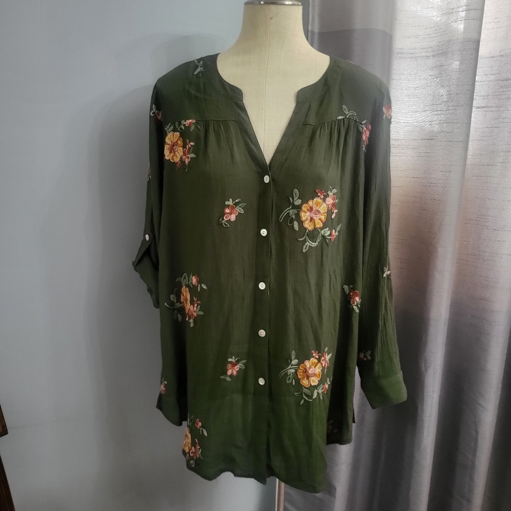 Chic Olive Embroidery Floral Button-Down Shirt.